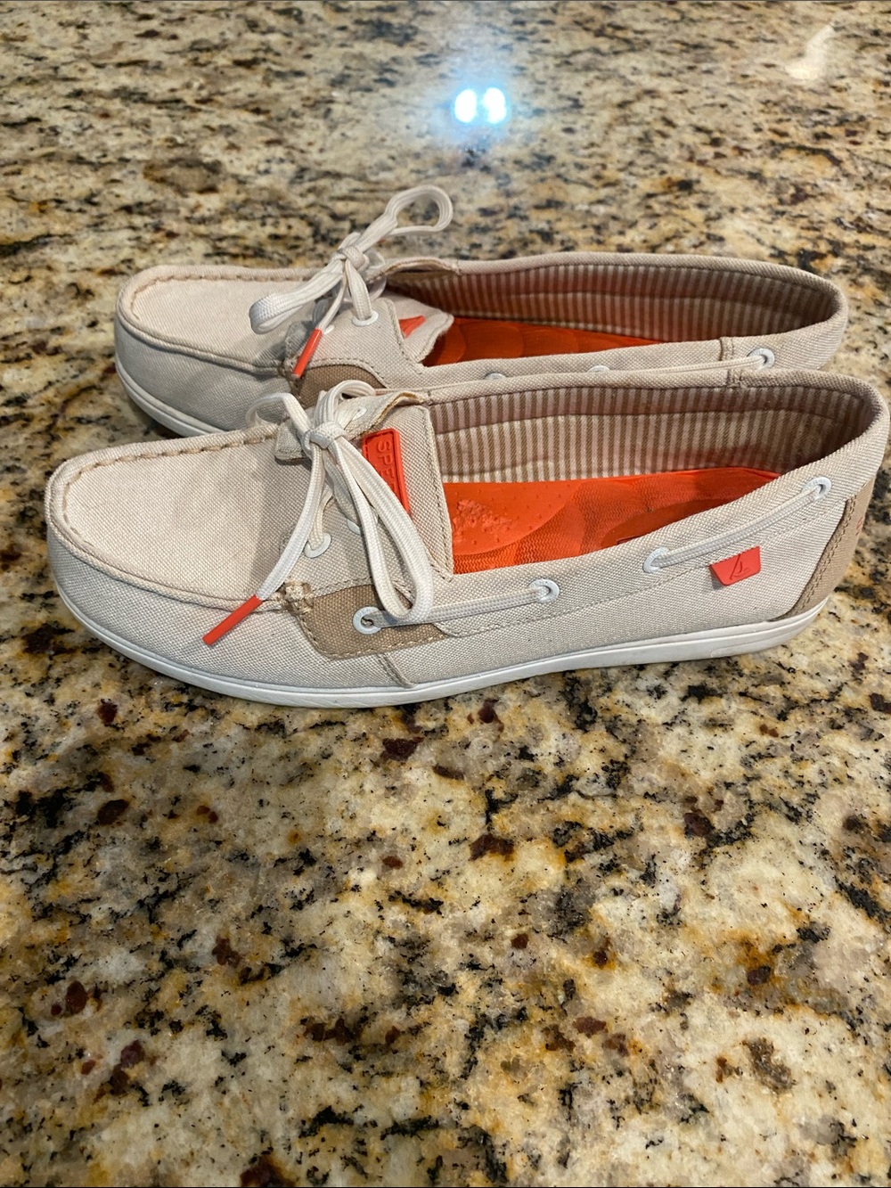 Sperry Women's Canvas Moccasins in Cream with Coral Insole - Picture 2 of 6